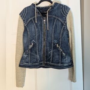 Casual Blue Denim & Cream Sleeve Hoodie Jacket. Size Medium. Retro Style.